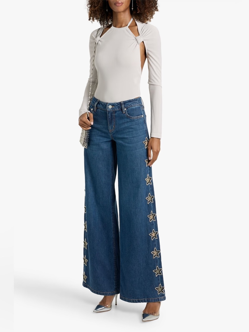Alice + Olivia Wide Leg Star-Embellished Blue Denim Jeans size 27 Like New - Picture 7 of 10